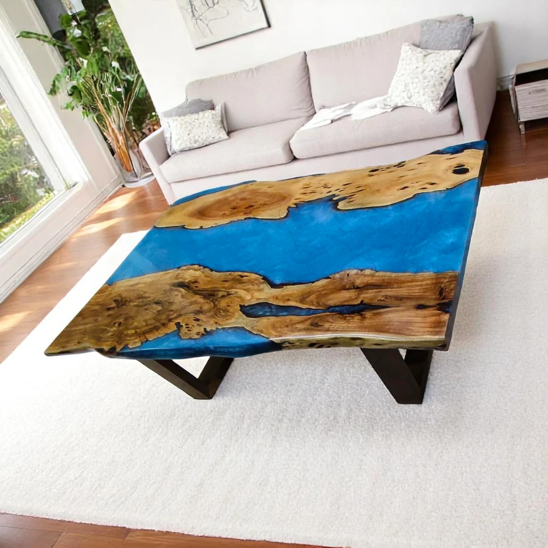 Blue Live Edge River Coffee Table - Custom Epoxy & Acacia Wood